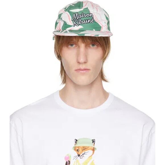 Maison Kitsuné Embroidered Flower 5 Panel Cap Green/White/Pink One Size NWT - Picture 2 of 11